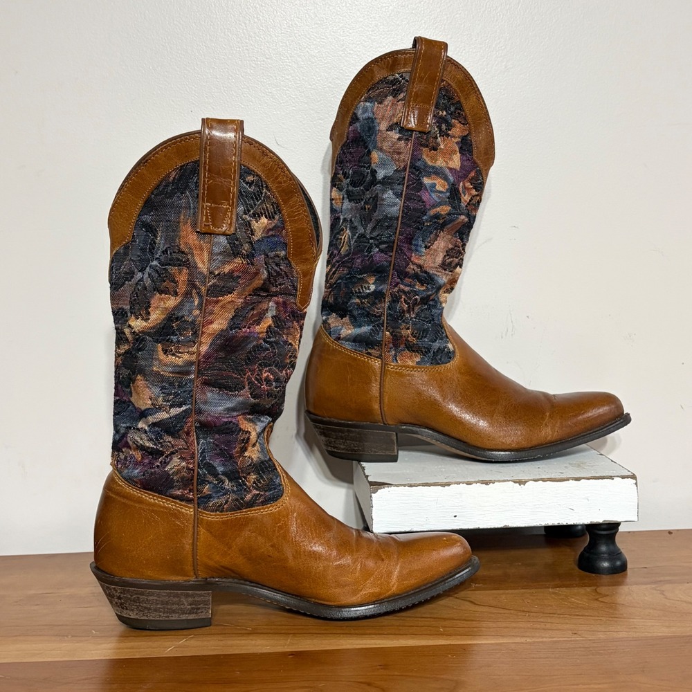 Capezio Womens Leather Floral Tapestry Western Cowboy Boots Cognac Brown Size 7